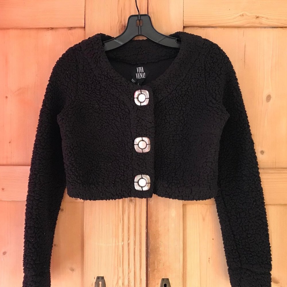 Viva Vena! black teddy crop jacket w/ buttons, size Small - Picture 1 of 4